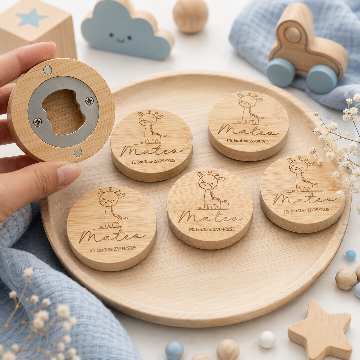 Abridores madera personalizados con nombre y fecha para invitados fiesta de bebé y bautizo