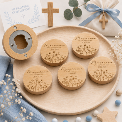 Abridor personalizado con imán como detalle de comunión para invitados