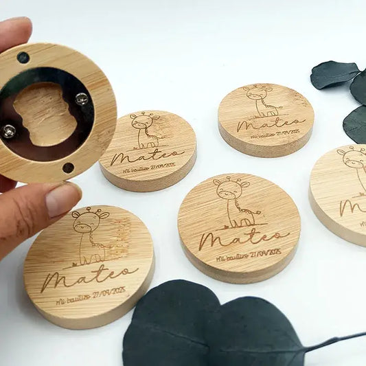 abridor personalizado de bambú detalle de bautizo grabado a láser recuerdo natural