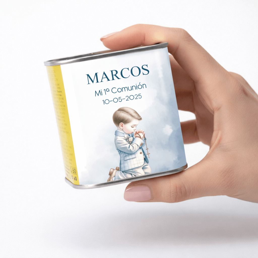 lata aceite comunión niño rezando personalizada