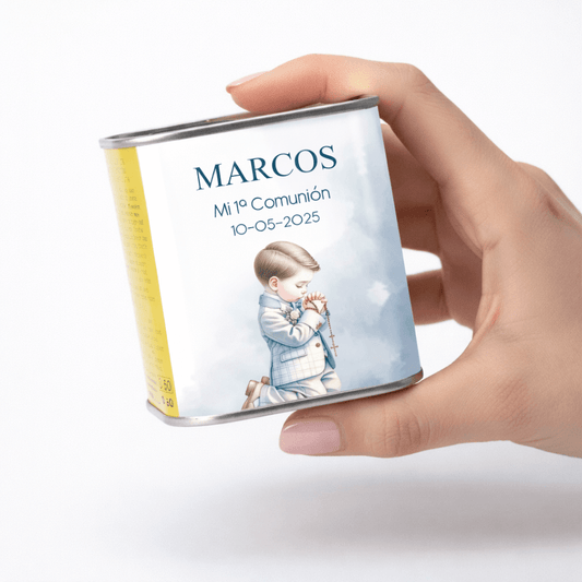 lata aceite comunión niño rezando personalizada
