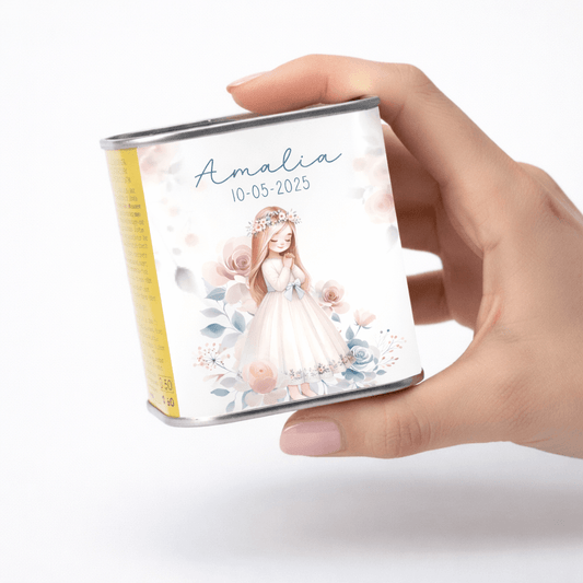lata aceite comunión niña flores azules personalizada