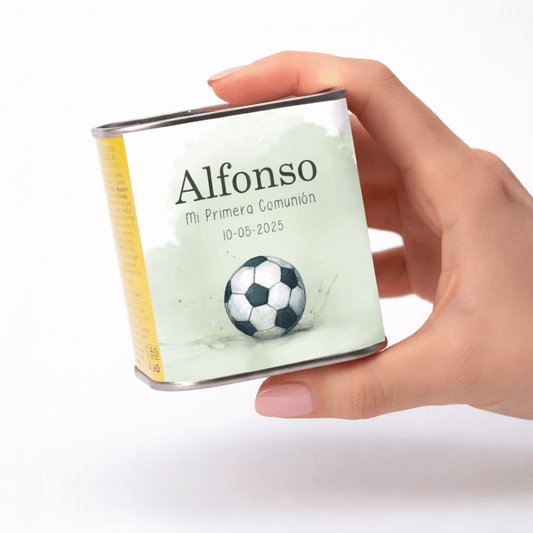 lata aceite comunión niño fútbol personalizada