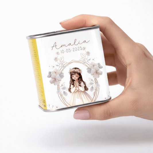 lata aceite comunión niña flores suaves personalizada
