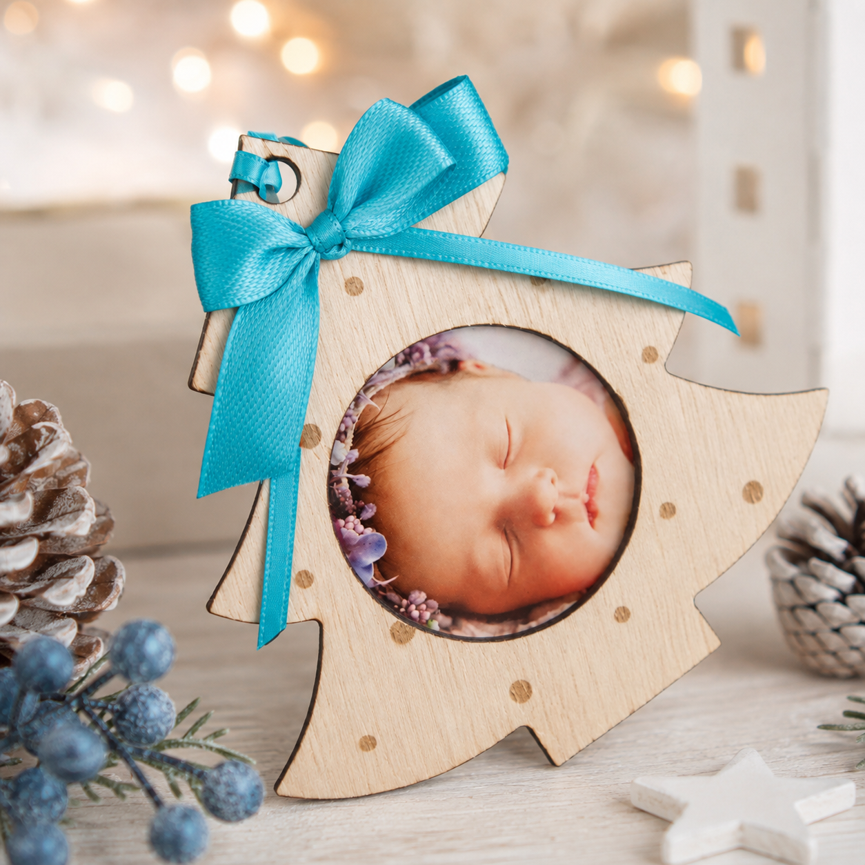 Adorno de Navidad de madera personalizado con fotografía y lacito turquesa, estilo nórdico artesanal