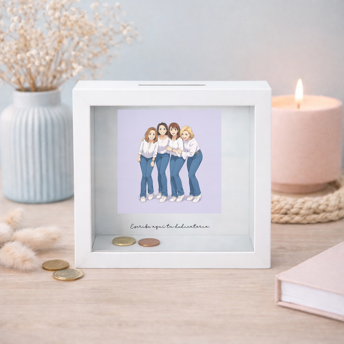 Hucha personalizada con caricatura estilo anime desde foto y dedicatoria