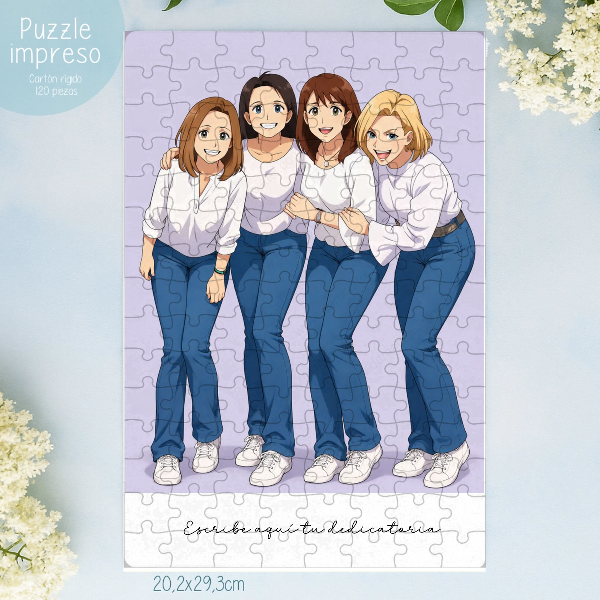 Puzzle personalizado con caricatura estilo anime desde foto y dedicatoria