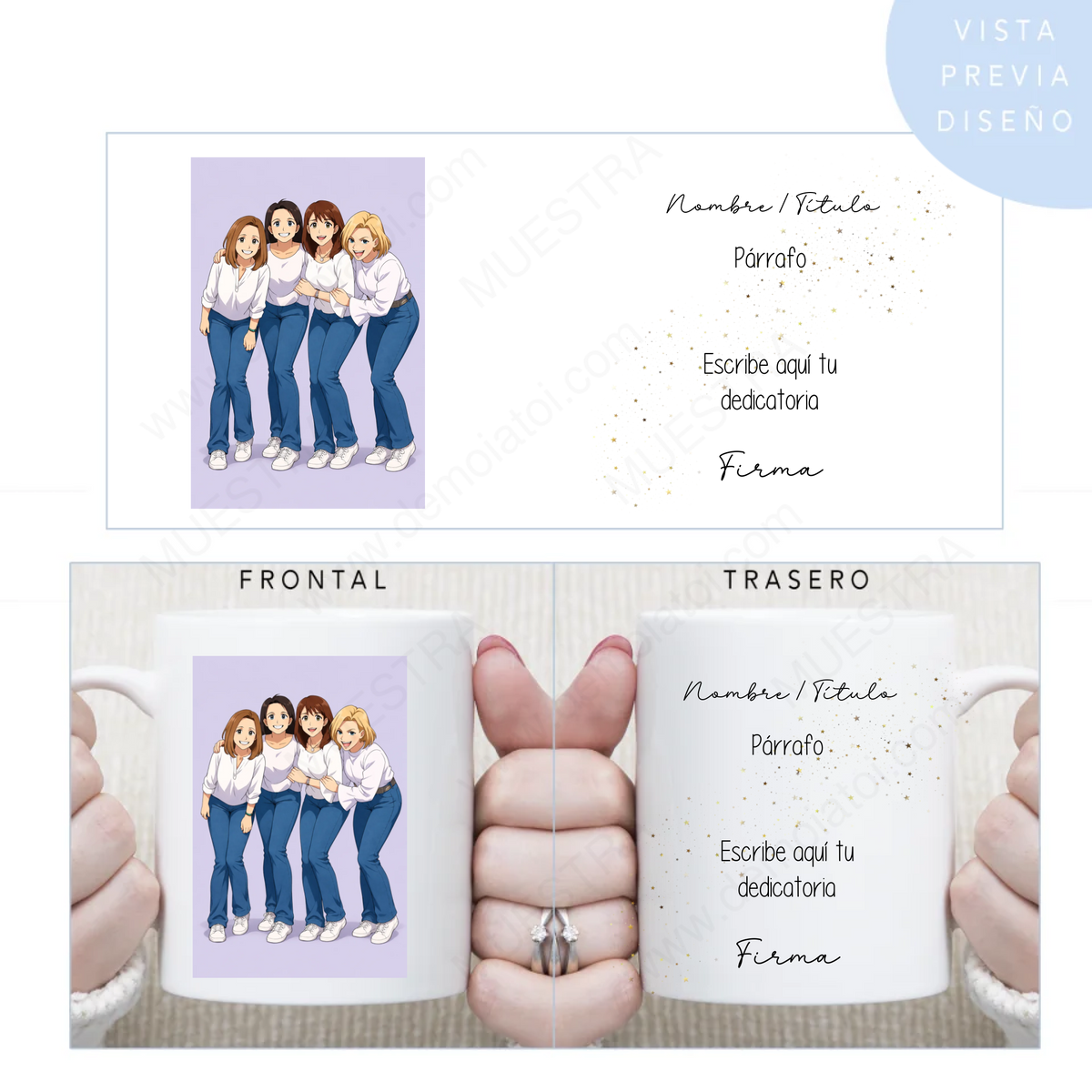 Taza personalizada con caricatura estilo anime desde foto y dedicatoria en la parte trasera