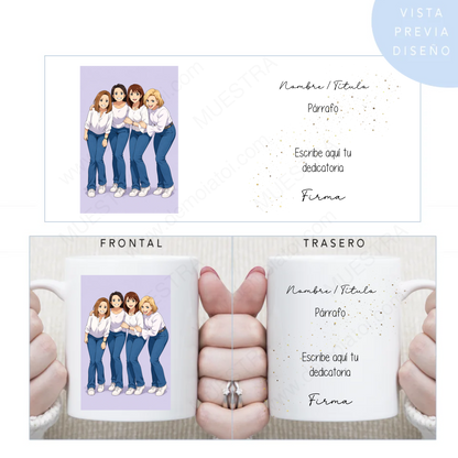 Taza personalizada con caricatura estilo anime desde foto y dedicatoria en la parte trasera