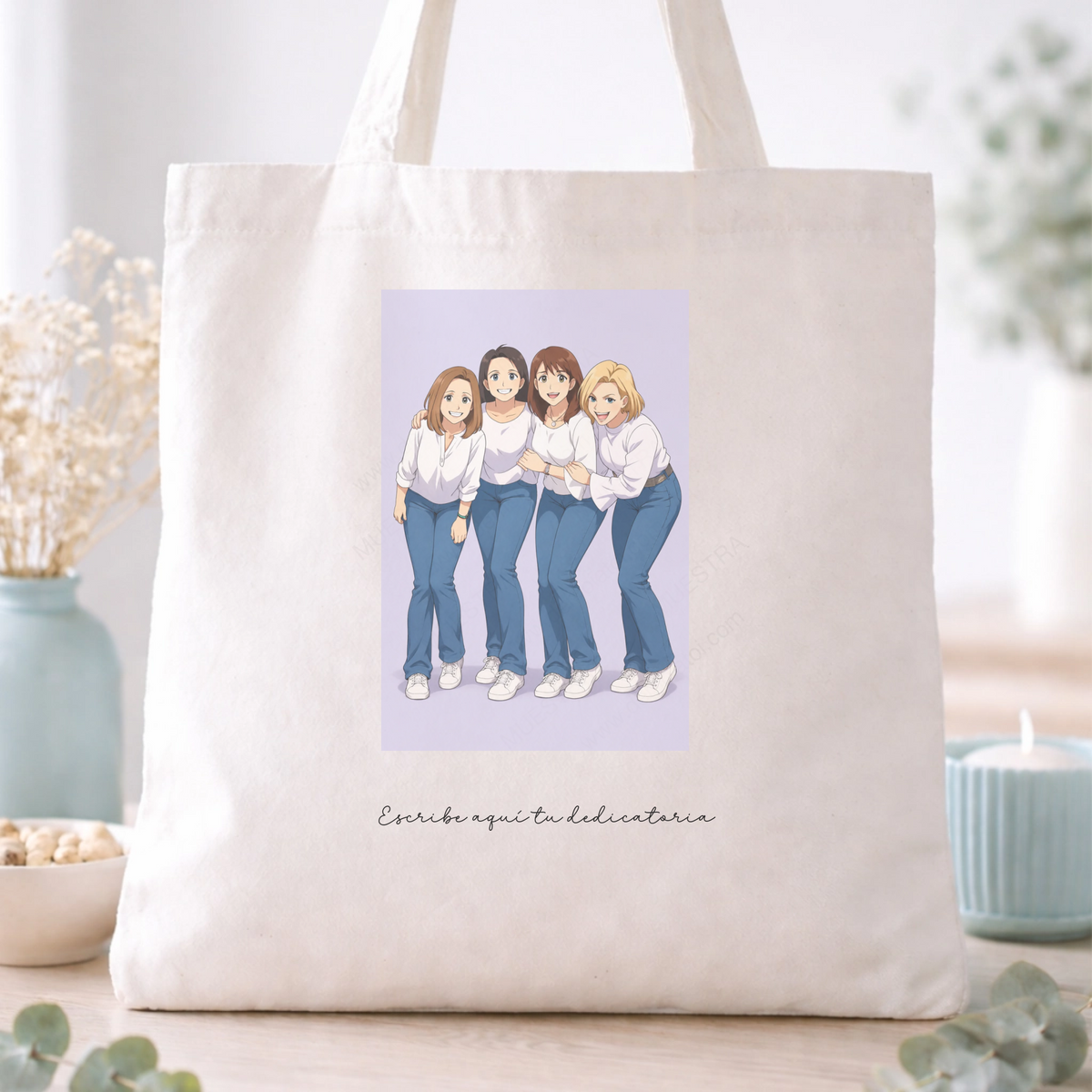 Totebag personalizada con caricatura estilo anime desde foto y dedicatoria