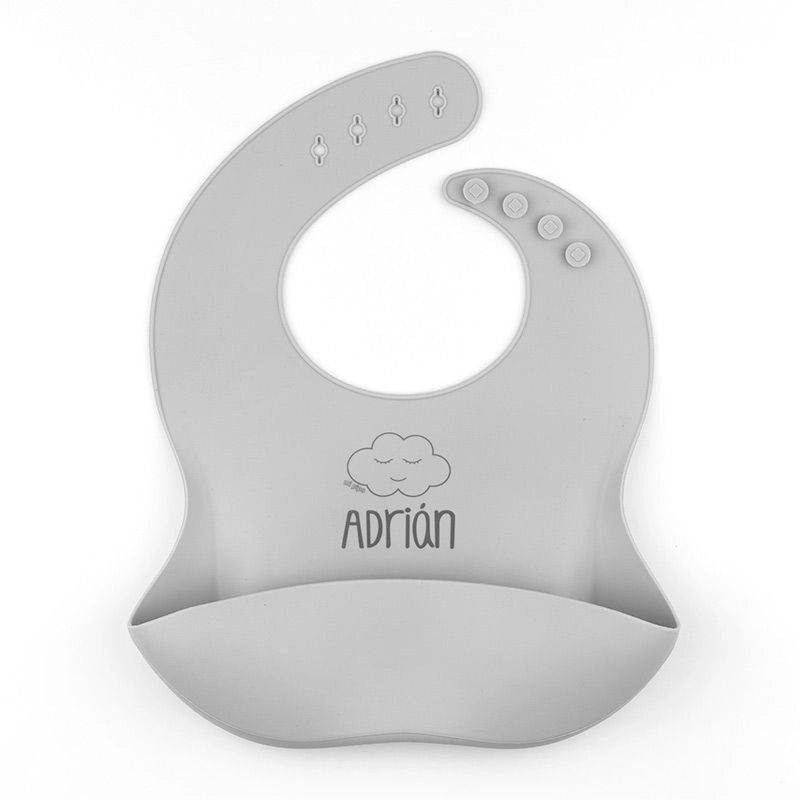 Babero de silicona para bebé personalizado con nombre, disponible en varios colores.