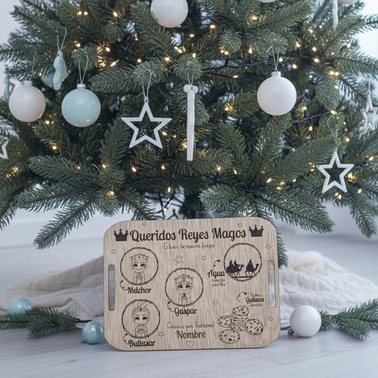 bandeja personalizada reyes magos de madera grabada a láser con nombre infantil