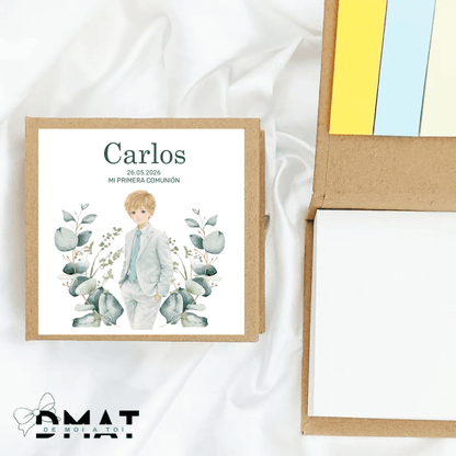 Bloc de notas adhesivas personalizado para comunión de niño con muñeco editable en tonos naturales