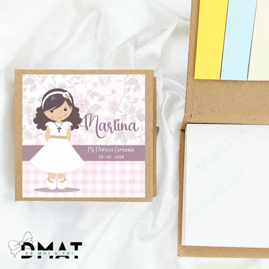 Bloc de notas personalizado para invitados de comunión de niña, práctico y natural.