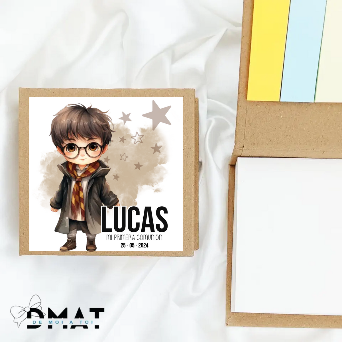Bloc de notas personalizado comunión diseño escuela de magia con nombre, detalle para invitados