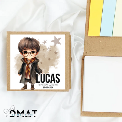 Bloc de notas personalizado comunión diseño escuela de magia con nombre, detalle para invitados