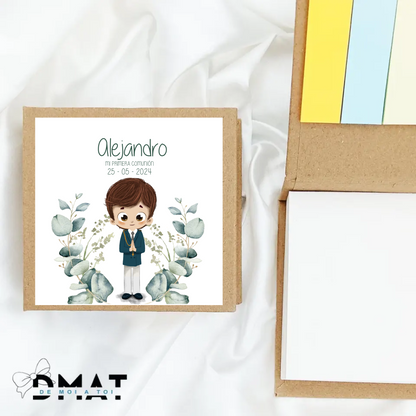 Bloc de notas personalizado comunión diseño eucalipto unisex con nombre, detalle para invitados