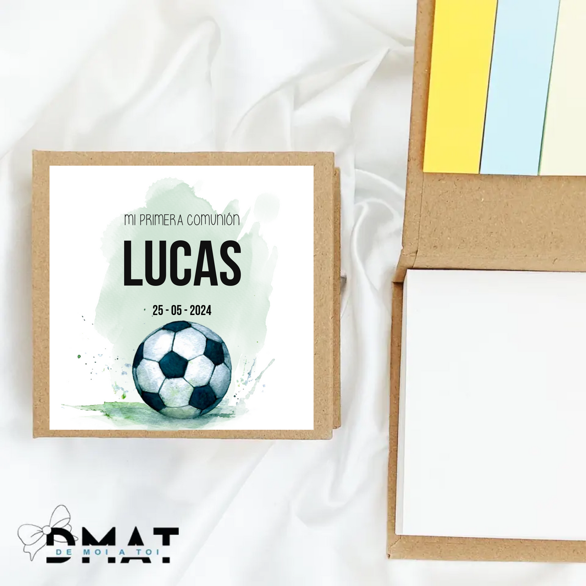 Bloc de notas personalizado comunión diseño fútbol con nombre, detalle para invitados