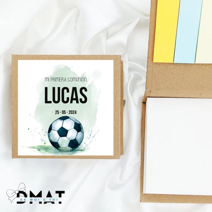 Bloc de notas personalizado comunión diseño fútbol con nombre, detalle para invitados