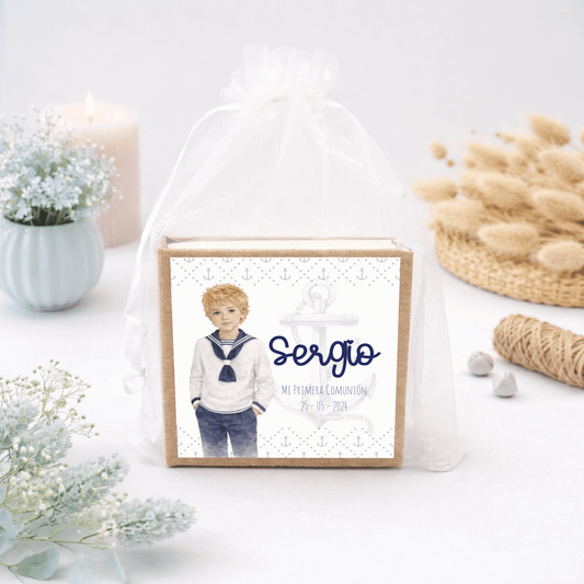 Detalle comunión personalizado con dibujo y fotografía marino niño