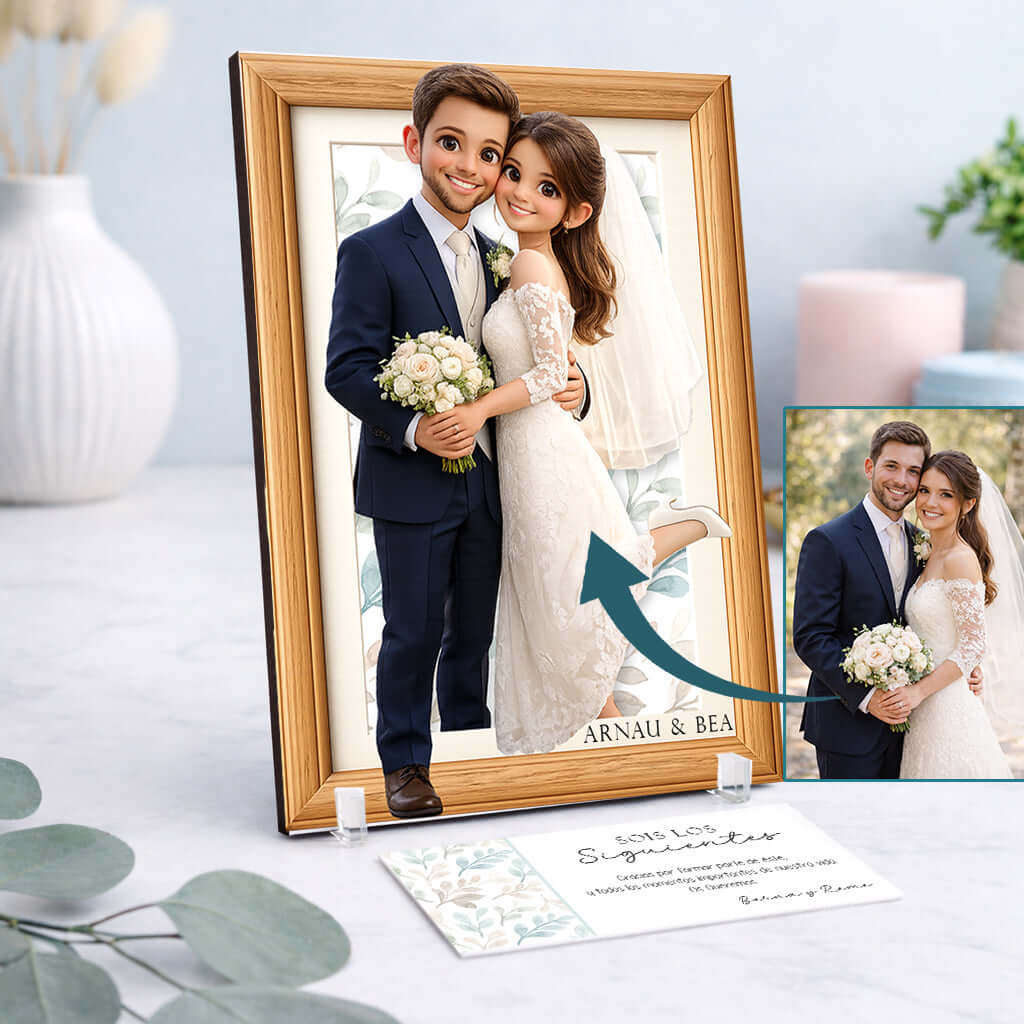 Marco personalizado con ilustración 3D de novios estilo Pixar como regalo original para boda