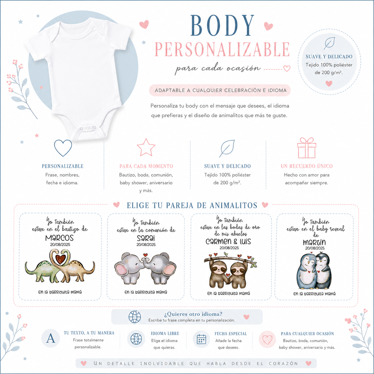 Detalle diseño animalitos románticos body bebé personalizado boda ositos conejitos