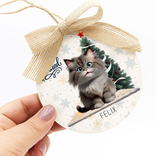 Bola navideña de madera con retrato de mascota y nombre personalizado