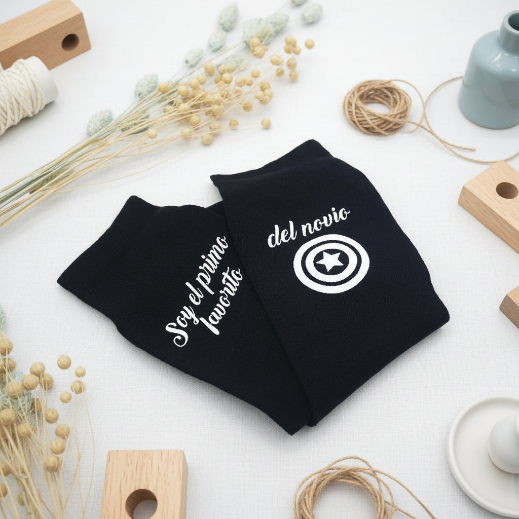 Calcetines personalizados como regalo de boda para hombre original con texto primo favorito