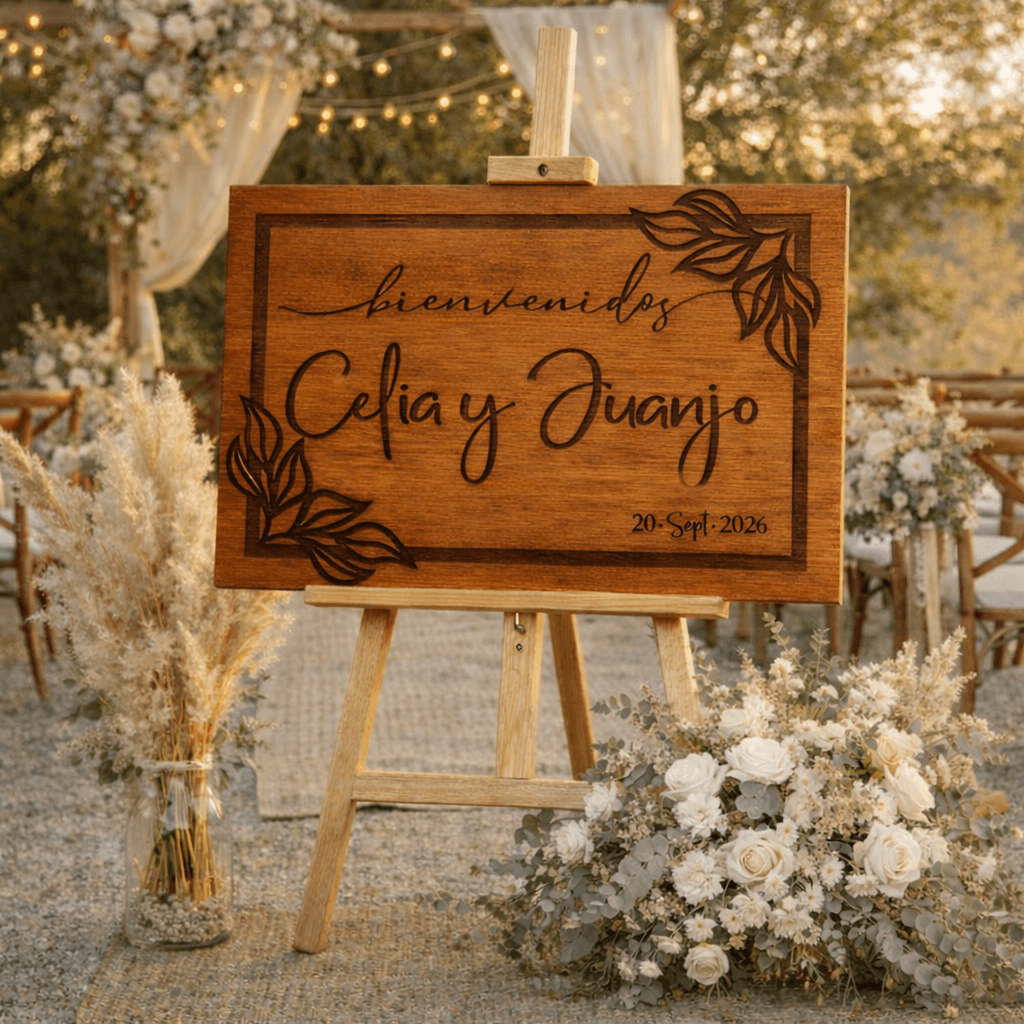 Cartel de bienvenida de boda personalizado grabado  láser