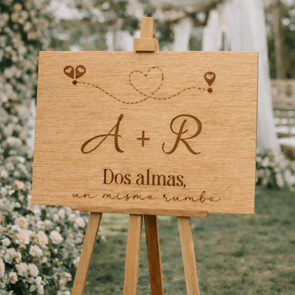 Cartel boda madera natural personalizado diseño viajeros fabricación artesanal española
