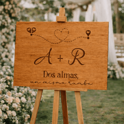 Cartel boda madera barnizado teka completo grabado láser diseño viajeros
