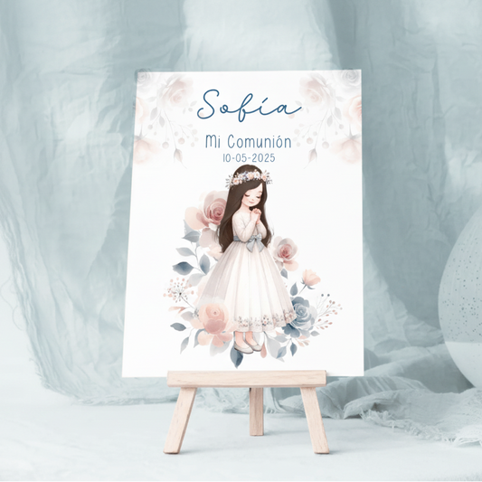 Cartel personalizado para comunión niña flores azules