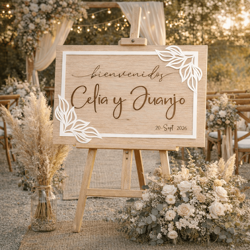 Cartel de boda de madera personalizado marco floral con hojas en esquinas grabadas láser y acrílico blanco
