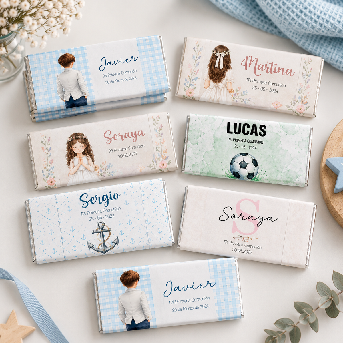 Chocolatinas Nestlé personalizadas para invitados de comunión y bautizo – diseños editables