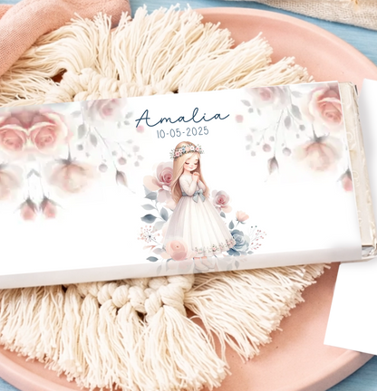 Chocolatinas Nestlé personalizadas para invitados de comunión con diseño Blue flower
