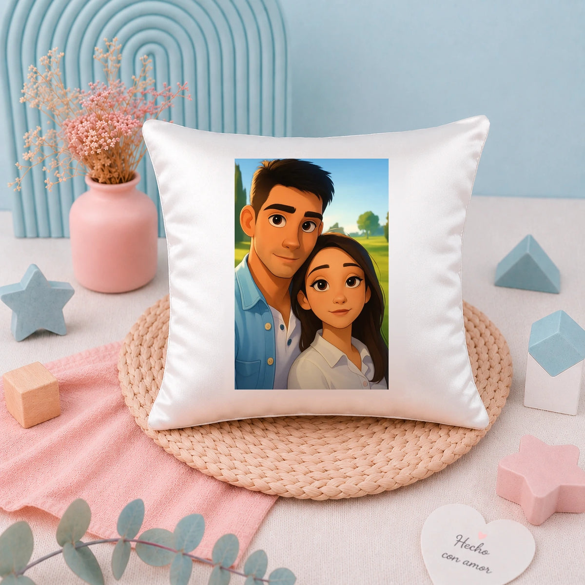 Cojín decorativo 19x19 personalizado con caricatura estilo Disney de pareja desde foto