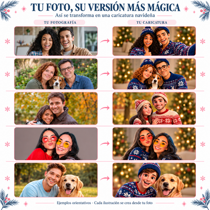 Caricatura navideña personalizada estilo nórdico | Cuadro, taza, bola de Navidad y más