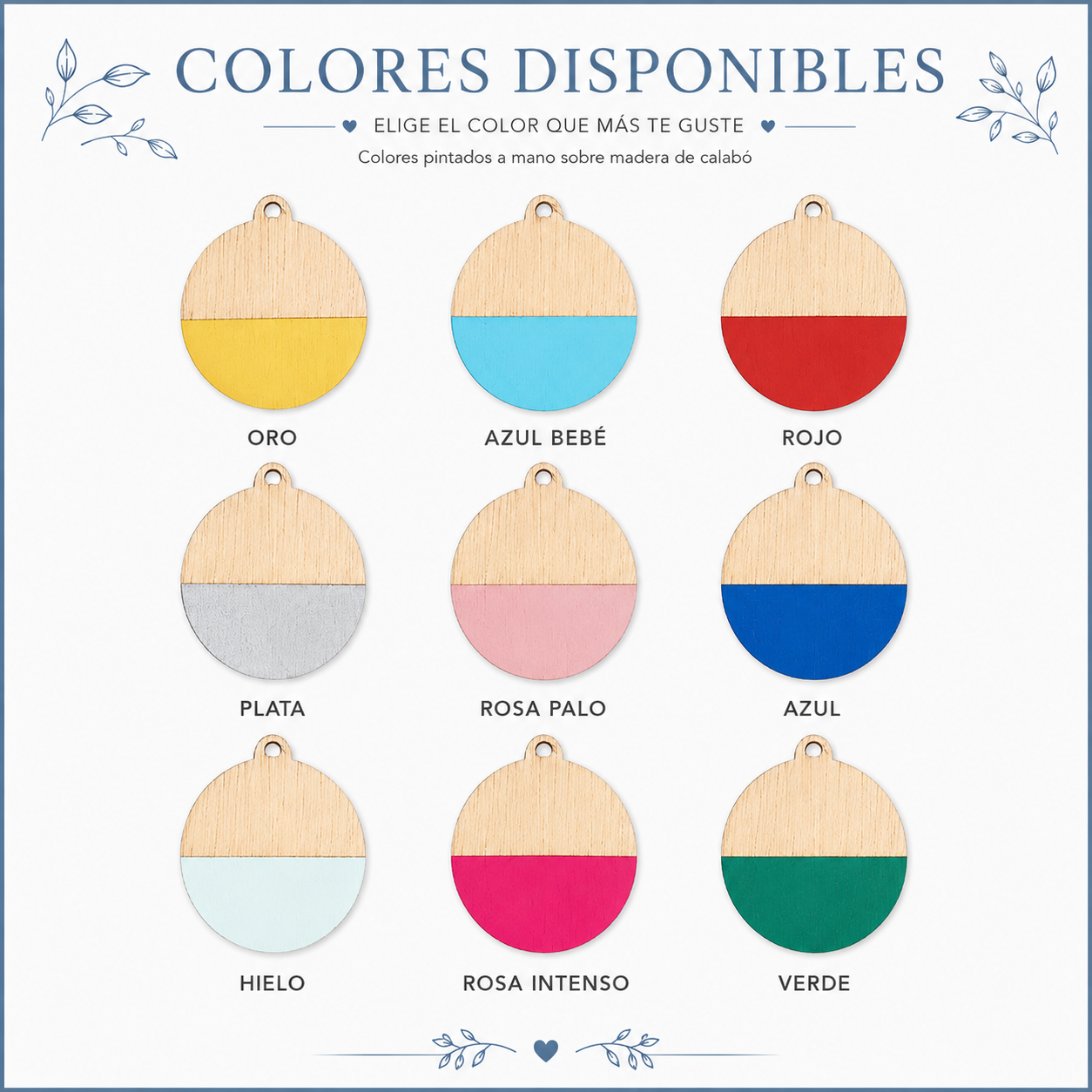 Bolas de Navidad de madera personalizadas disponibles en múltiples colores, pintadas a mano con nombre grabado a láser y lazo de yute
