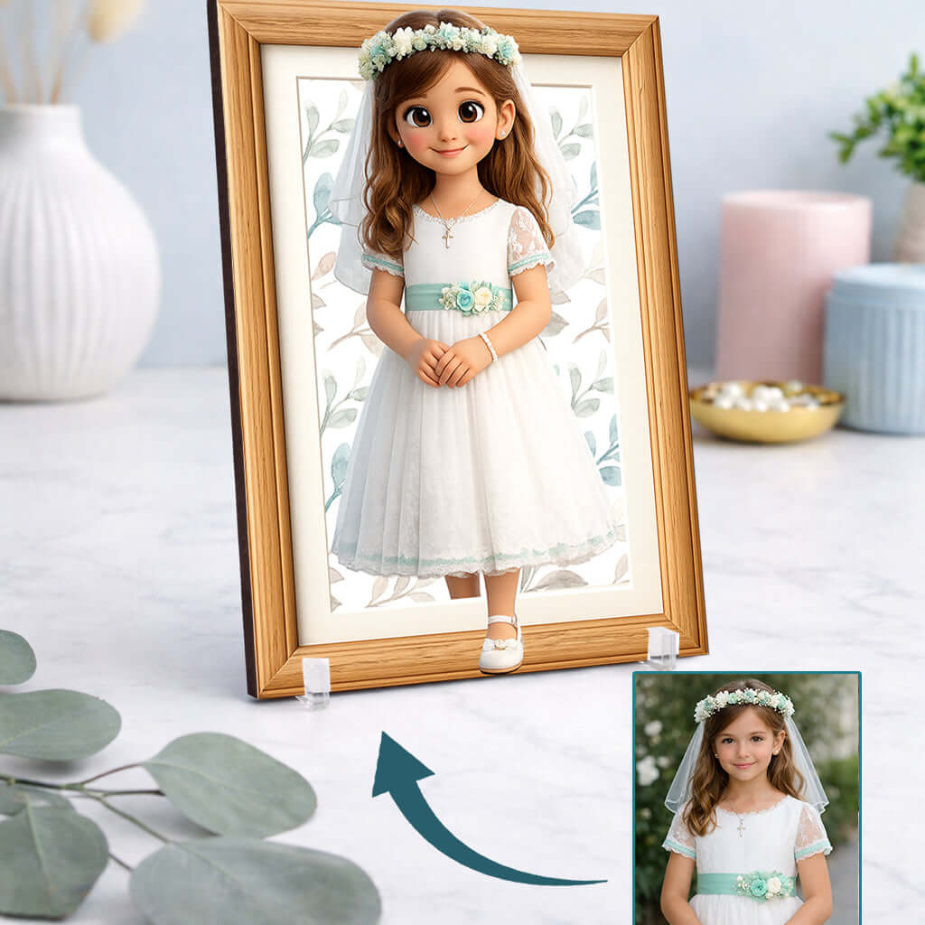 Marco personalizado con ilustración 3D de niña de comunión estilo Pixar