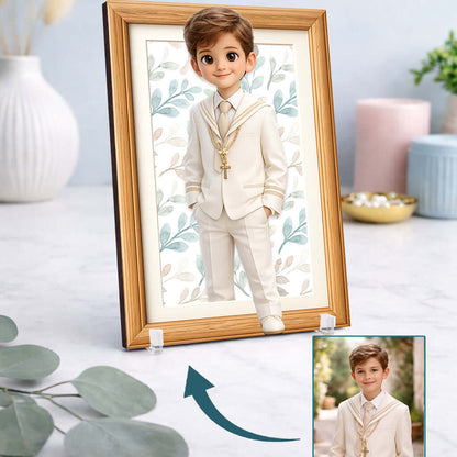 Marco personalizado con ilustración 3D de niño de comunión estilo Pixar
