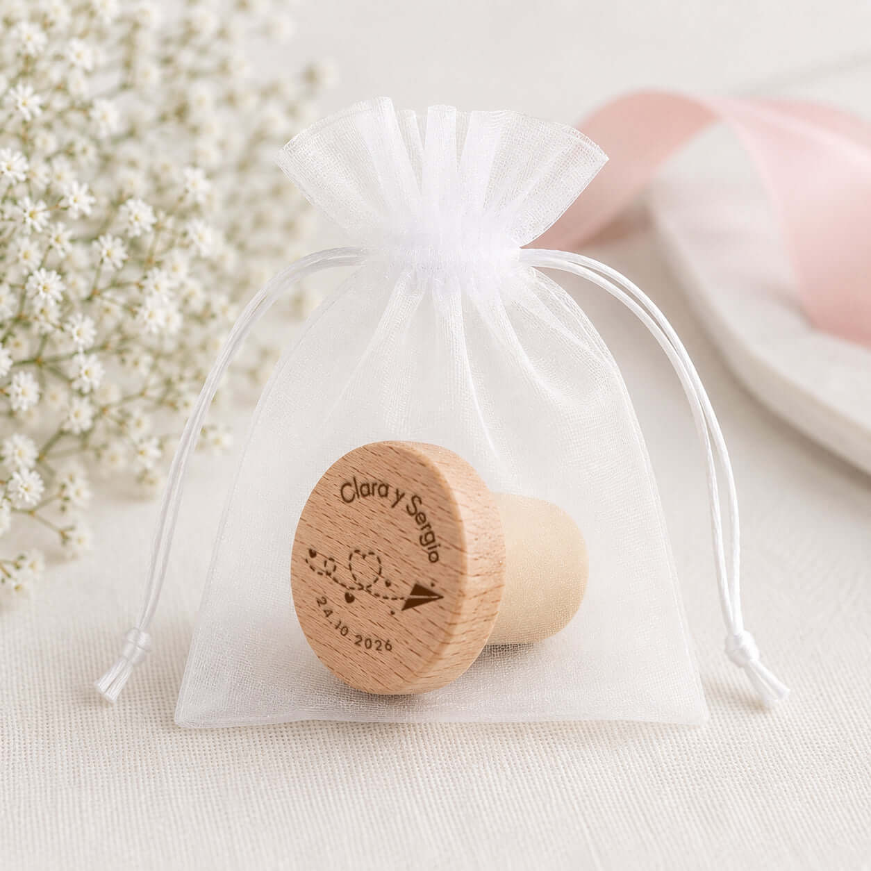Tapón Natural de Madera Personalizado | Detalle de Boda Grabado Láser