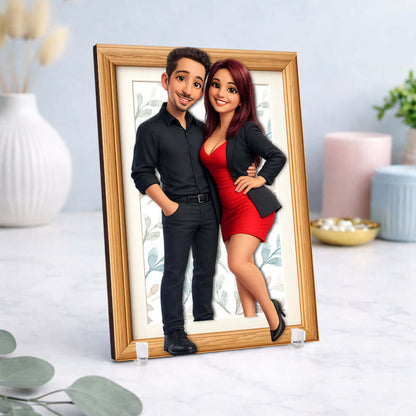Marco personalizado con ilustración 3D de pareja estilo Pixar en madera
