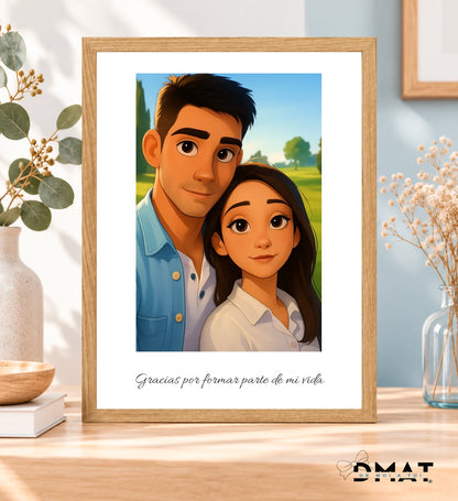 Cuadro personalizado con caricatura estilo Disney de pareja desde foto, marco de madera A3 y dedicatoria
