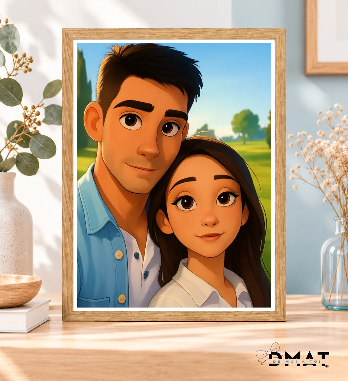 Cuadro A3 con marco de madera y caricatura estilo dibujo animado de pareja a toda página