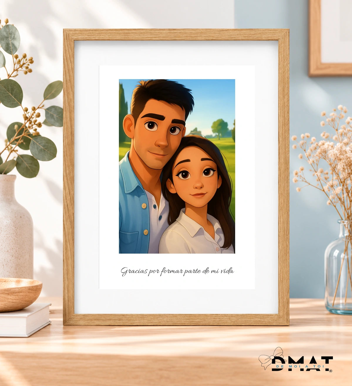 Cuadro A4 con marco de madera y paspartú, caricatura estilo Disney de pareja con dedicatoria