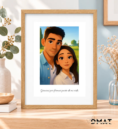 Cuadro A4 con marco de madera y paspartú, caricatura estilo Disney de pareja con dedicatoria