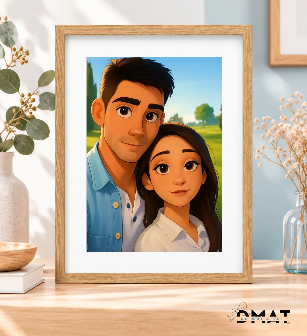 Cuadro A4 con marco de madera y paspartú con caricatura estilo Disney de pareja desde foto
