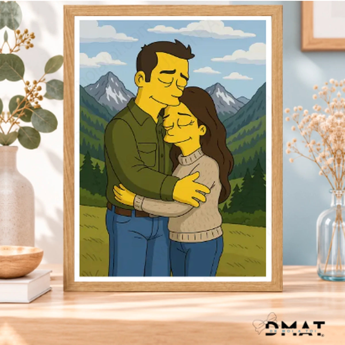 Cuadro con marco de madera y caricatura estilo Simpson a toda página, regalo para estrenar casa