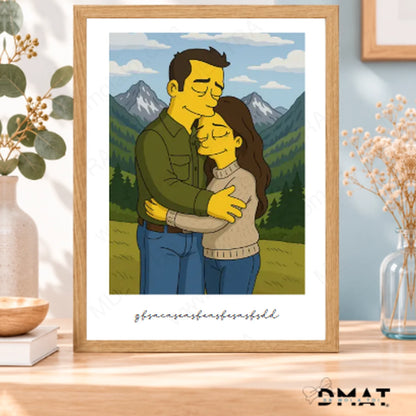 Cuadro A3 con marco de madera, caricatura estilo Simpson y dedicatoria, regalo de boda personalizado