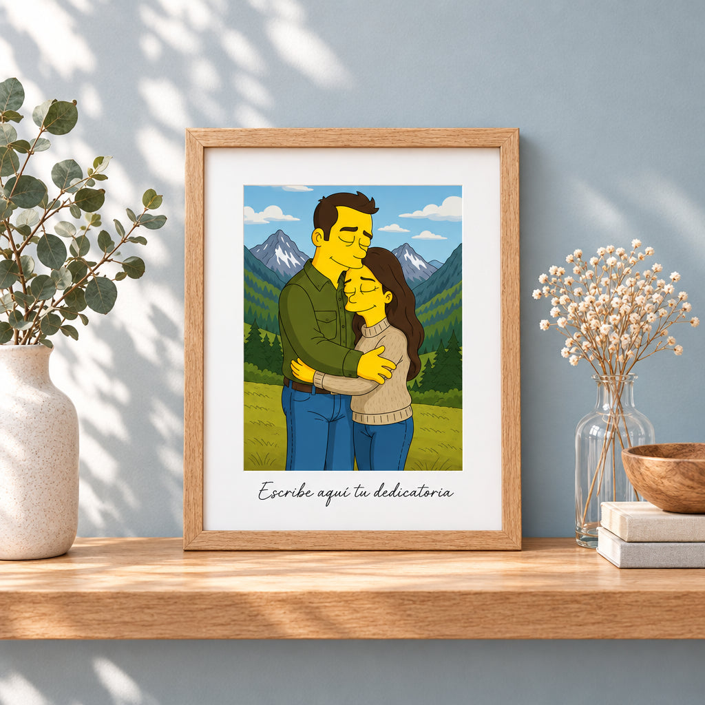 Cuadro A4 con marco de madera, caricatura estilo Simpson y dedicatoria, regalo de San Valentín para tu pareja